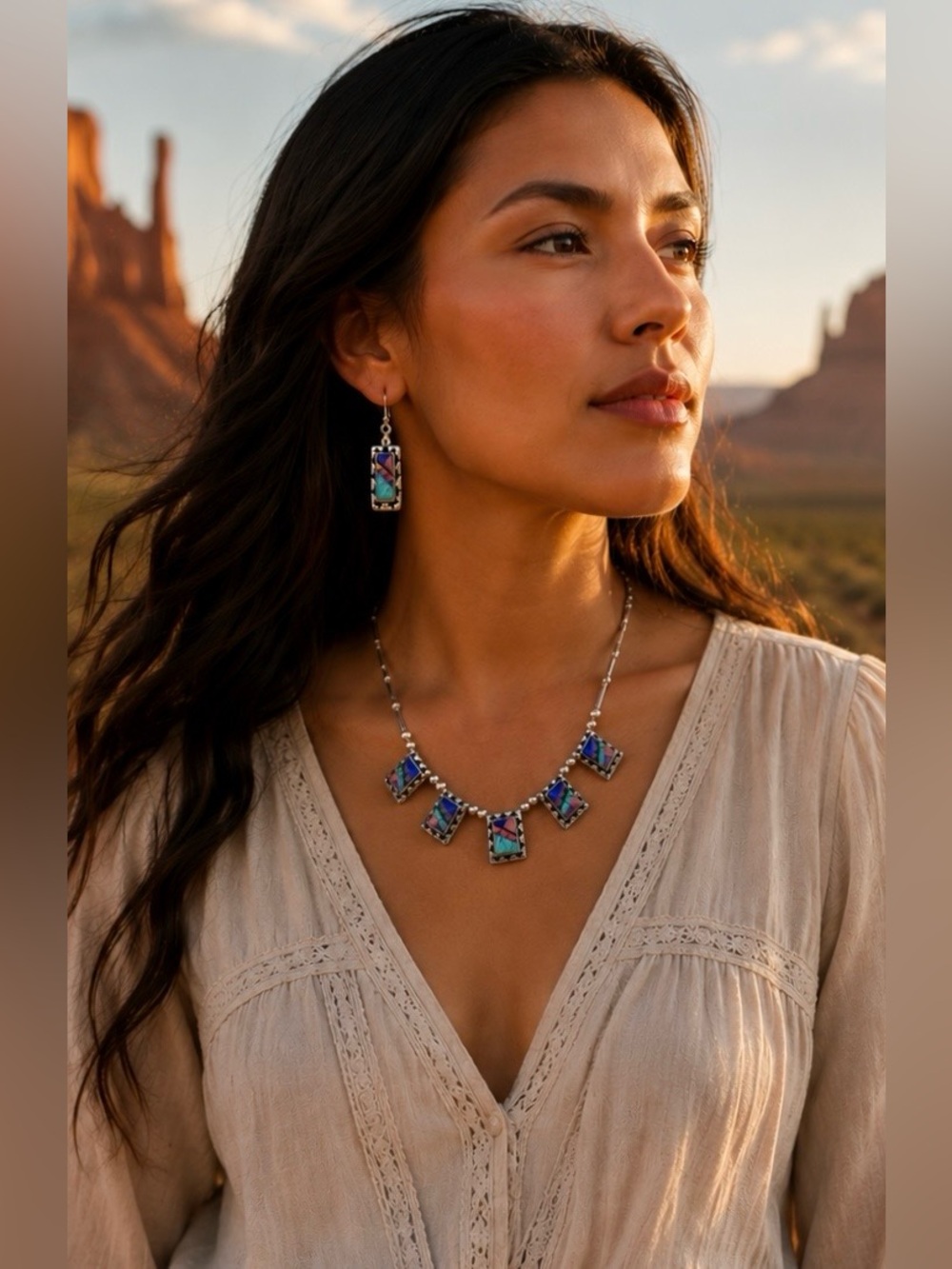Navajo Native American Sterling Silver Turquoise Multi Stone Inlay Bib Necklace - Picture 3 of 10